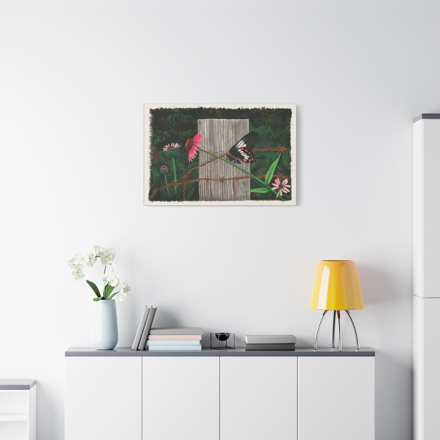 "Fence Post and Butterfly" Western art on canvas.