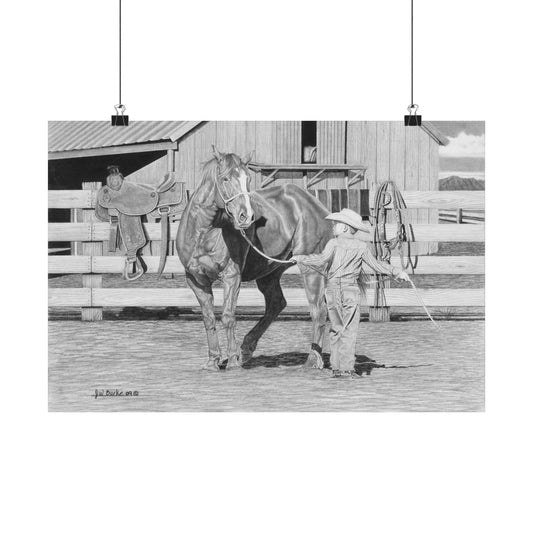 "Tall Task for a little Cowboy" Rustic Cowboy Art Print | Western Decor | Framed Wall Art, Matte Horizontal Posters, Country Home, Gift for Horse Lovers