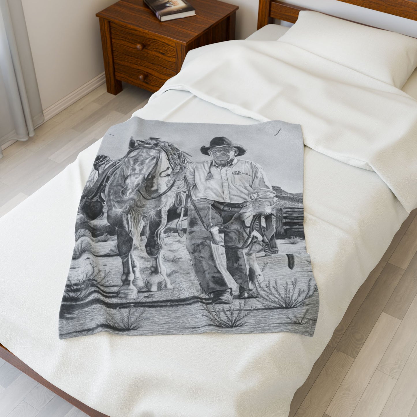 "On The Trail of The Outlaw "Cozy Cowboy Velveteen Plush Blanket | Western Decor, Gift for Horse Lovers, Camping Blanket, Soft Throw, Farmhouse Style
