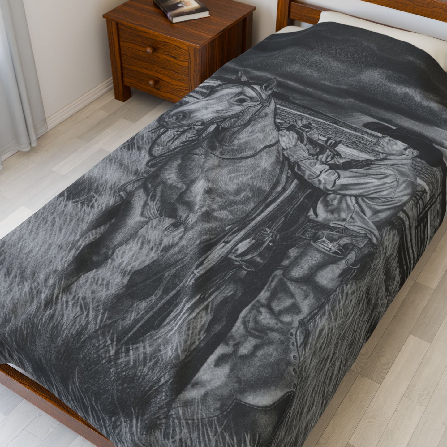 "The Coming Storm" Cozy Cowboy Velveteen Plush Blanket | Western Decor, Gift for Horse Lovers, Camping Blanket, Soft Throw, Farmhouse Style