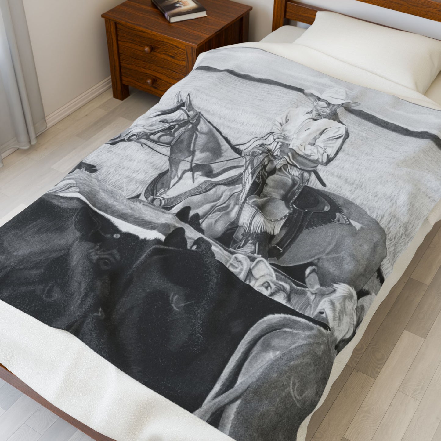 "Hot Day on the Job" Cozy Cowboy Velveteen Plush Blanket | Western Decor, Gift for Horse Lovers, Camping Blanket, Soft Throw, Farmhouse Style
