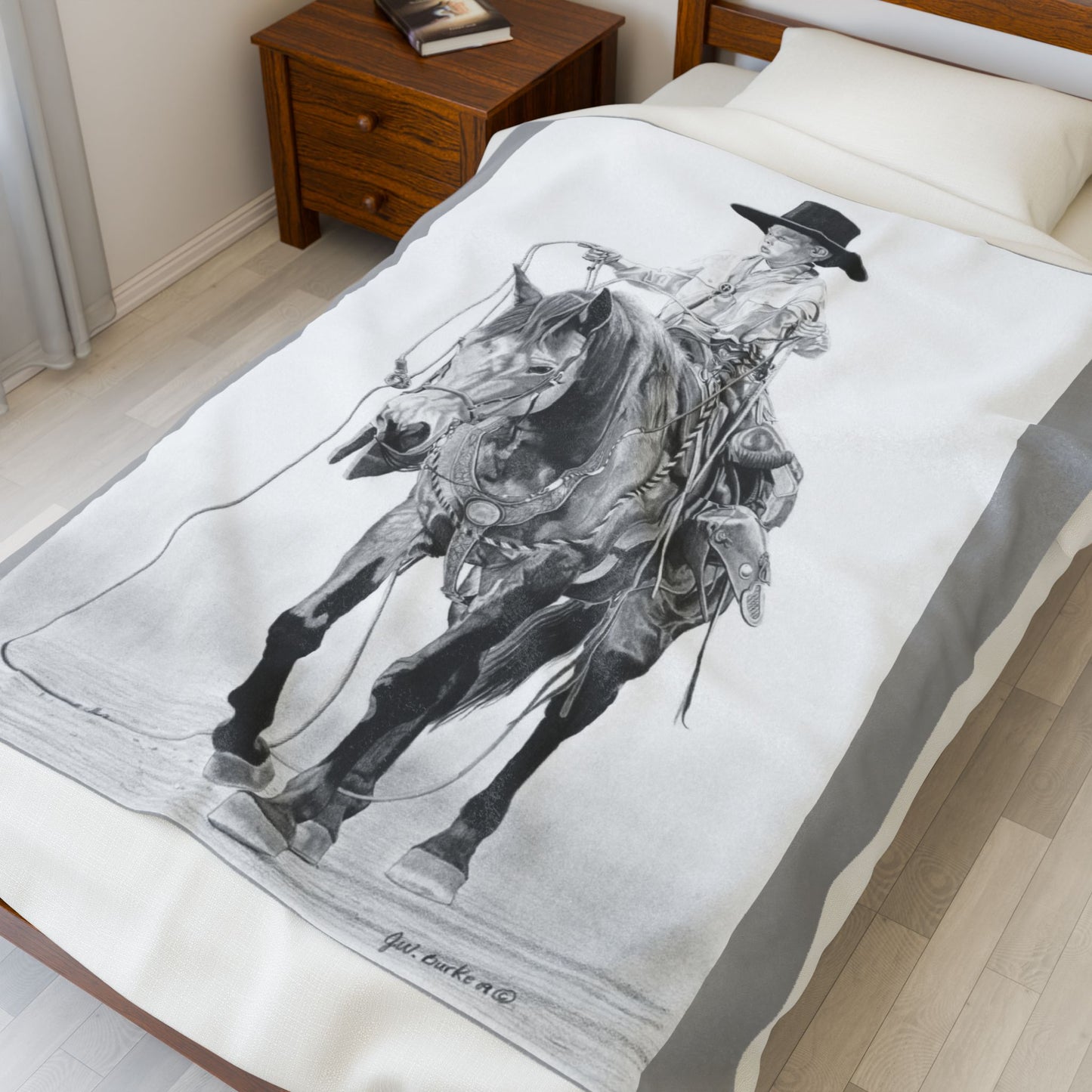 "Young Cowboy" Cozy Cowboy Velveteen Plush Blanket | Western Decor, Gift for Horse Lovers, Camping Blanket, Soft Throw, Farmhouse Style