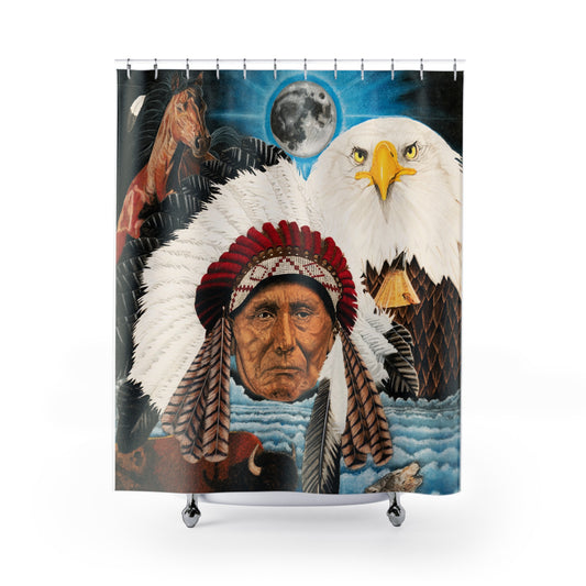 Two moon apache dream Shower Curtain — Native American Chief & Bald Eagle Bathroom Decor