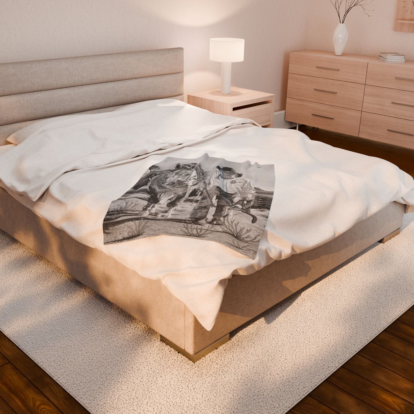 "On The Trail of The Outlaw "Cozy Cowboy Velveteen Plush Blanket | Western Decor, Gift for Horse Lovers, Camping Blanket, Soft Throw, Farmhouse Style