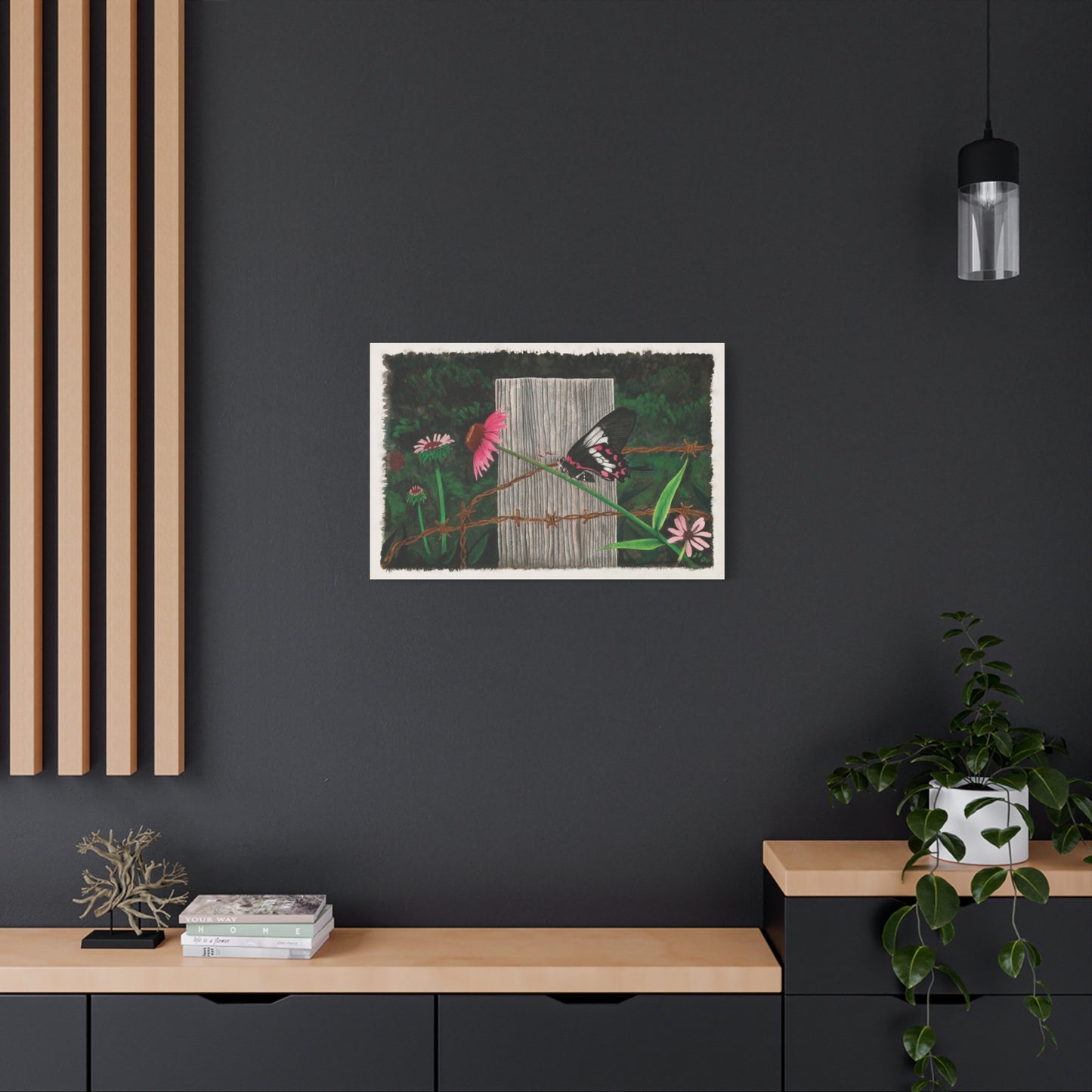 "Fence Post and Butterfly" Western art on canvas.