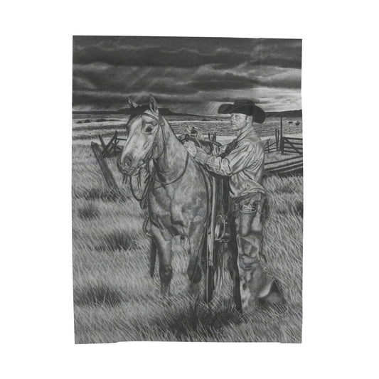 "The Coming Storm" Cozy Cowboy Velveteen Plush Blanket | Western Decor, Gift for Horse Lovers, Camping Blanket, Soft Throw, Farmhouse Style