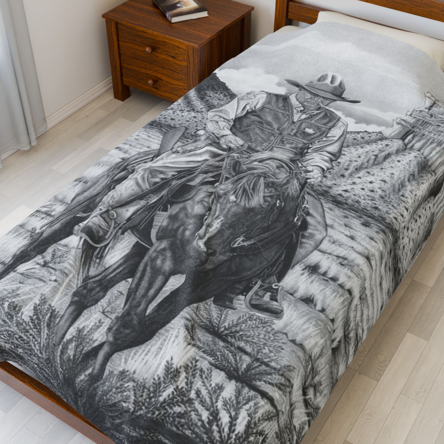 "On The Outlaw Trail " Cozy Cowboy Velveteen Plush Blanket | Western Decor, Gift for Horse Lovers, Camping Blanket, Soft Throw, Farmhouse Style