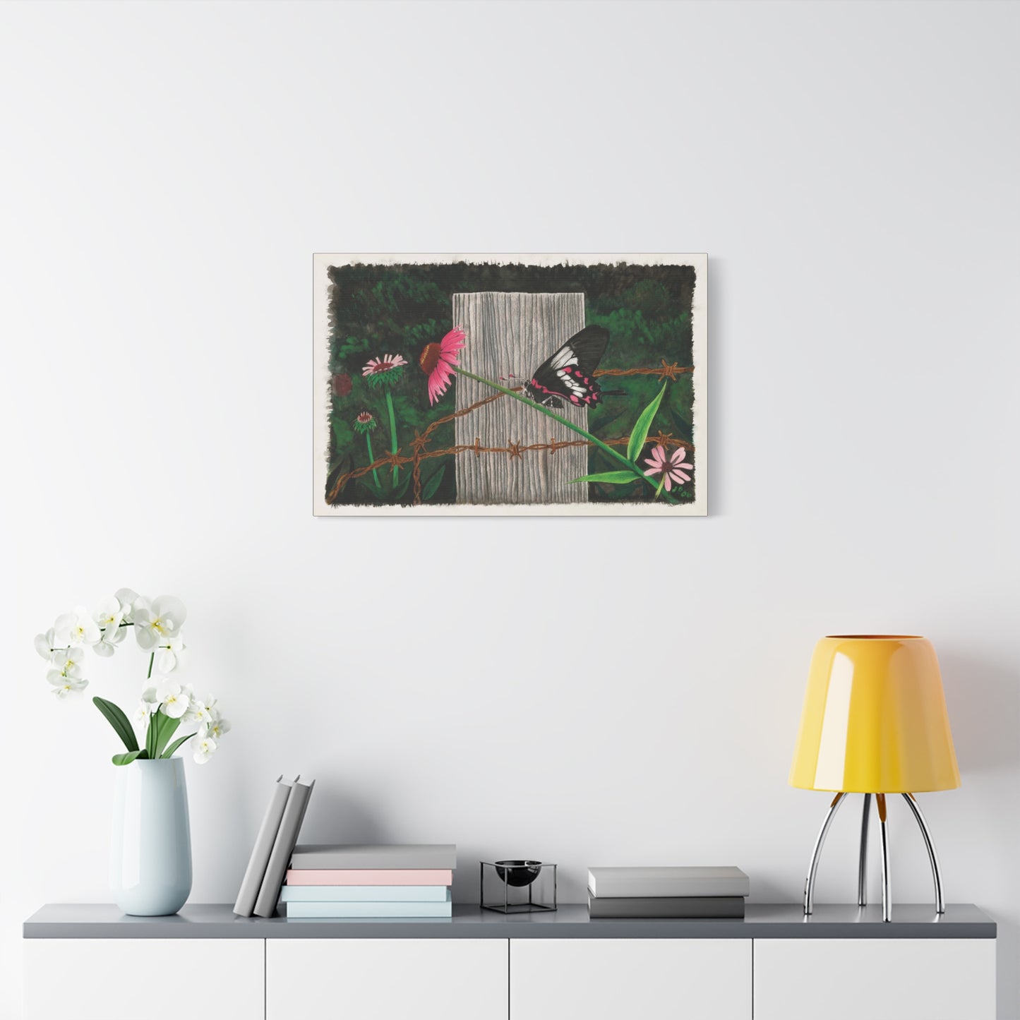 "Fence Post and Butterfly" Western art on canvas.