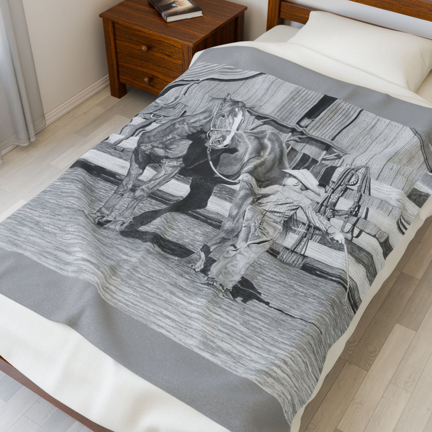 "Tall Task for a Little Cowboy " Cozy Cowboy Velveteen Plush Blanket | Western Decor, Gift for Horse Lovers, Camping Blanket, Soft Throw, Farmhouse Style