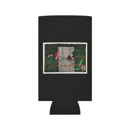 "Fence Post and Butterfly" ,Rustic Cowboy Can Cooler, Western Beverage Sleeve, Outdoor Party Gear, Country-Themed Drink Holder, Ideal for BBQs & Tailgates