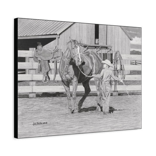 "Tall Task for a Little Cowboy" Western art on canvas.