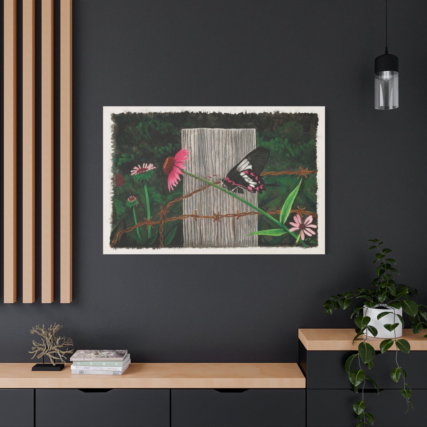 "Fence Post and Butterfly" Western art on canvas.