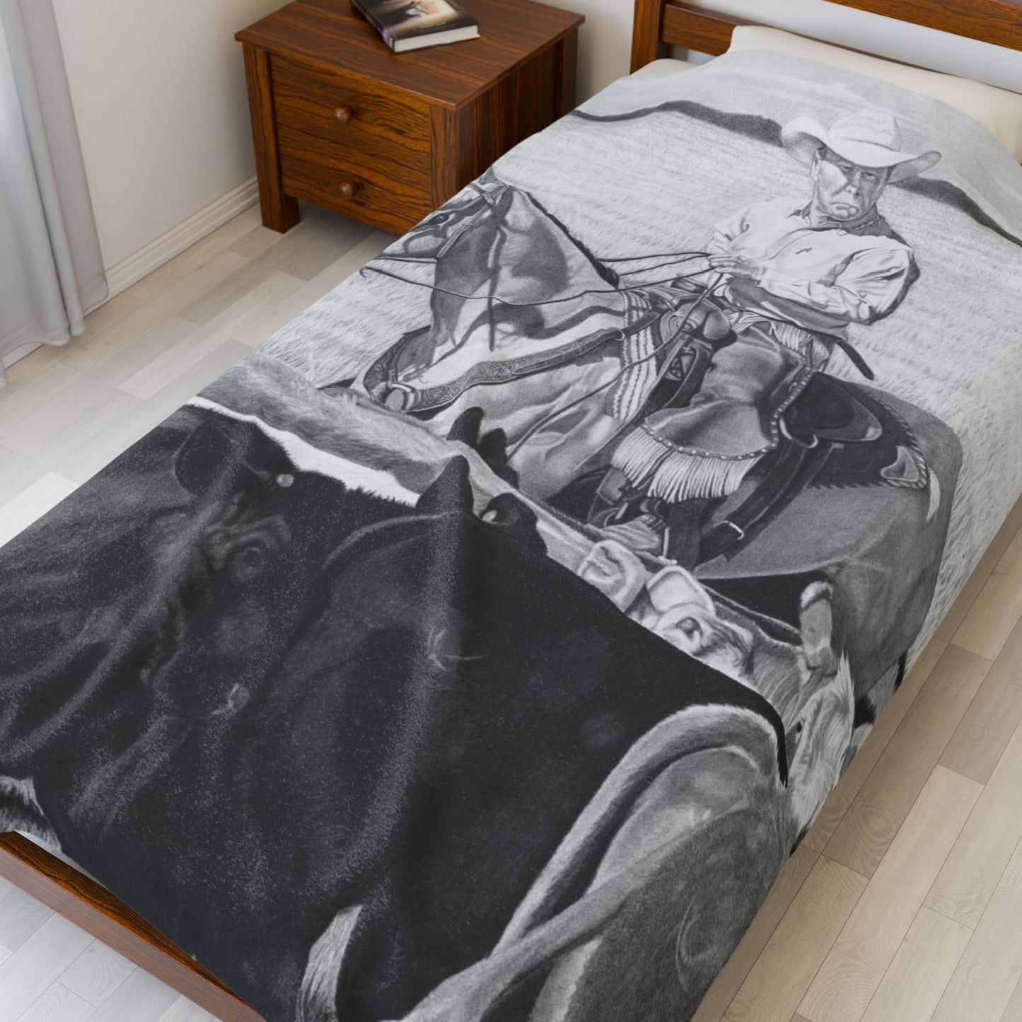 "Hot Day on the Job" Cozy Cowboy Velveteen Plush Blanket | Western Decor, Gift for Horse Lovers, Camping Blanket, Soft Throw, Farmhouse Style