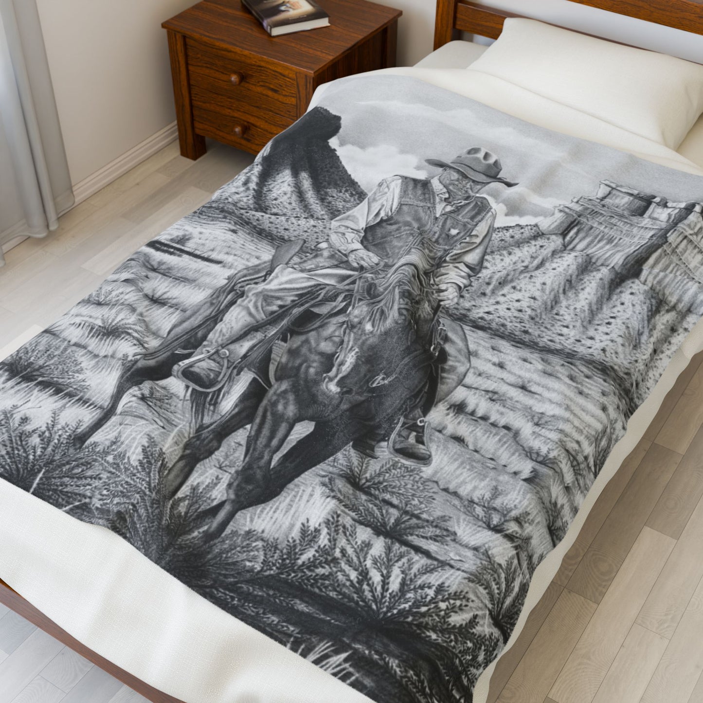 "On The Outlaw Trail " Cozy Cowboy Velveteen Plush Blanket | Western Decor, Gift for Horse Lovers, Camping Blanket, Soft Throw, Farmhouse Style