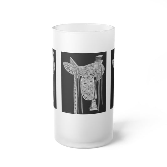 "New Saddle" Frosted Glass Beer Mug with Vintage Art, Unique Gift for Beer Lovers, Perfect for Home or Bar, Great for Celebrations, Customizable