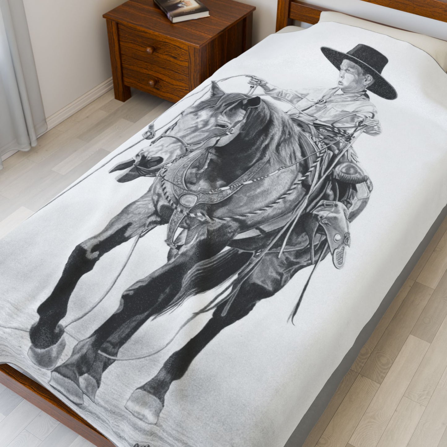"Young Cowboy" Cozy Cowboy Velveteen Plush Blanket | Western Decor, Gift for Horse Lovers, Camping Blanket, Soft Throw, Farmhouse Style