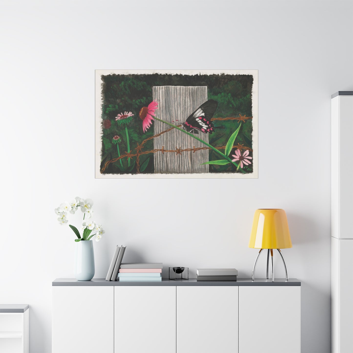 "Fence Post and Butterfly" Western art on canvas.