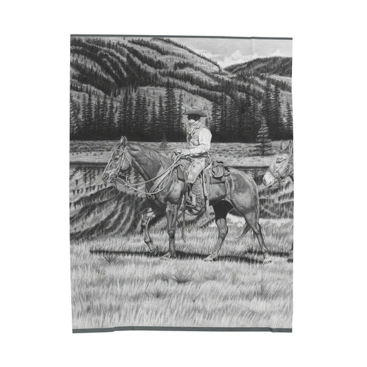 "Still Day on The Trail" Cozy Cowboy Velveteen Plush Blanket | Western Decor, Gift for Horse Lovers, Camping Blanket, Soft Throw, Farmhouse Style