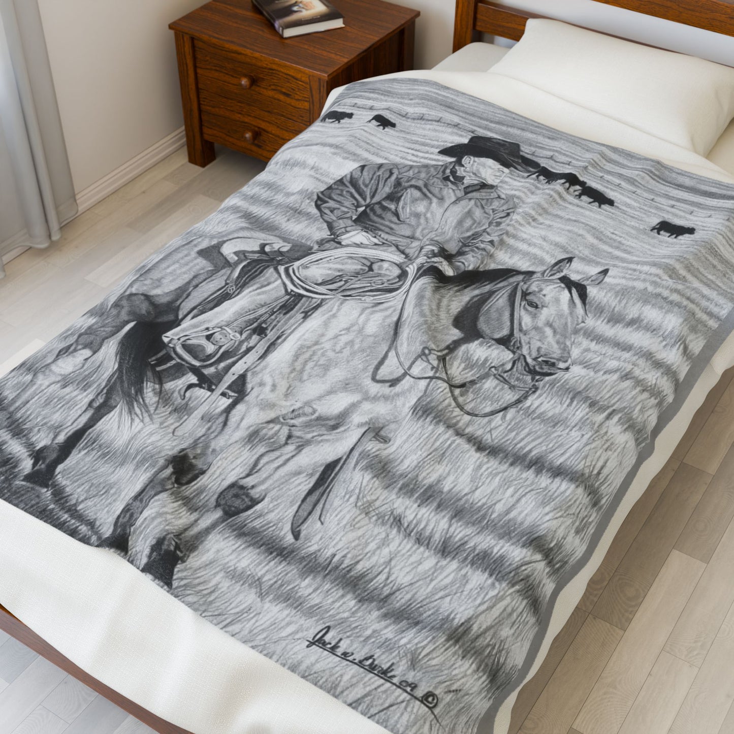 "The Passing Storm" Cozy Cowboy Velveteen Plush Blanket | Western Decor, Gift for Horse Lovers, Camping Blanket, Soft Throw, Farmhouse Style