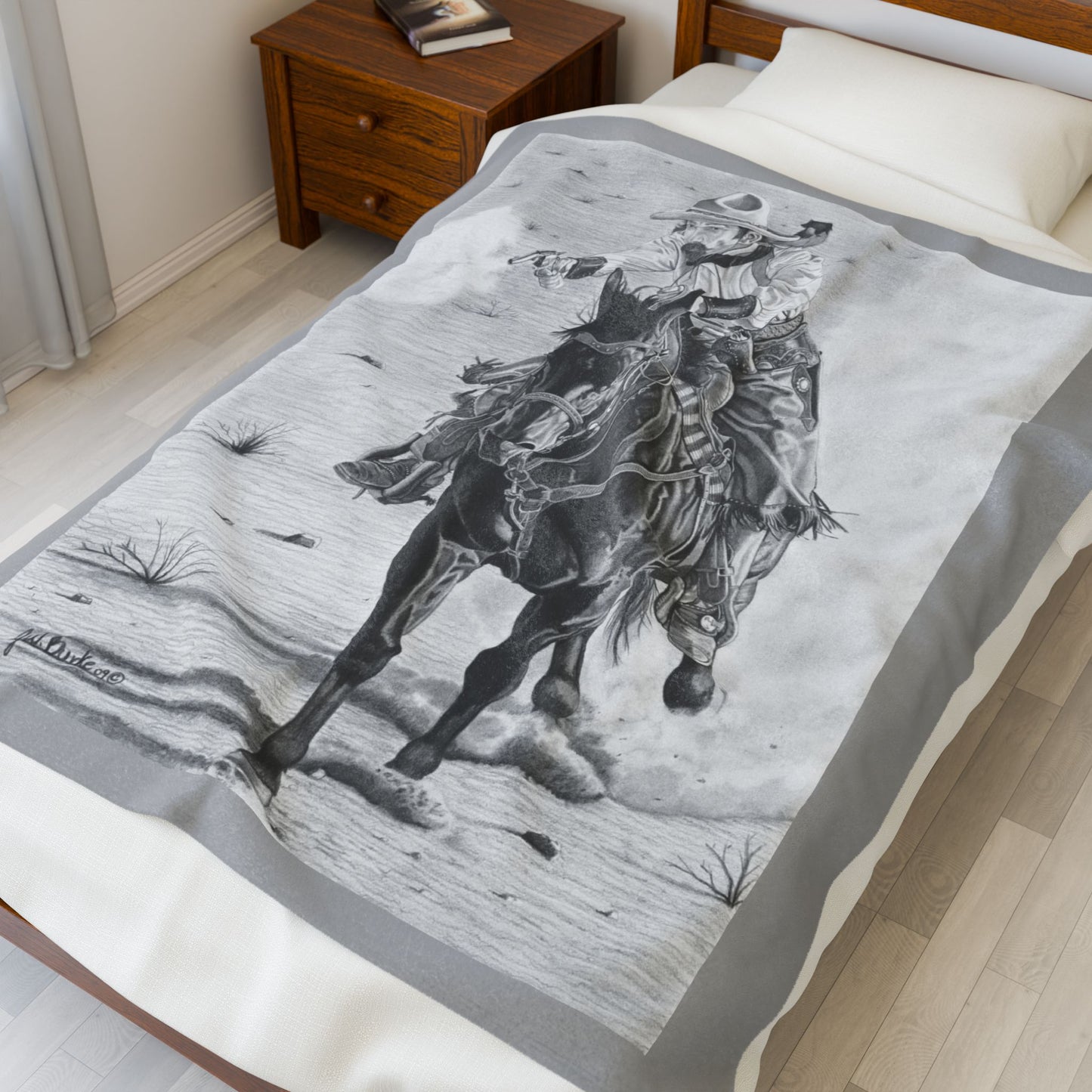 "Wild Bill Rides Again" Cozy Cowboy Velveteen Plush Blanket | Western Decor, Gift for Horse Lovers, Camping Blanket, Soft Throw, Farmhouse Style