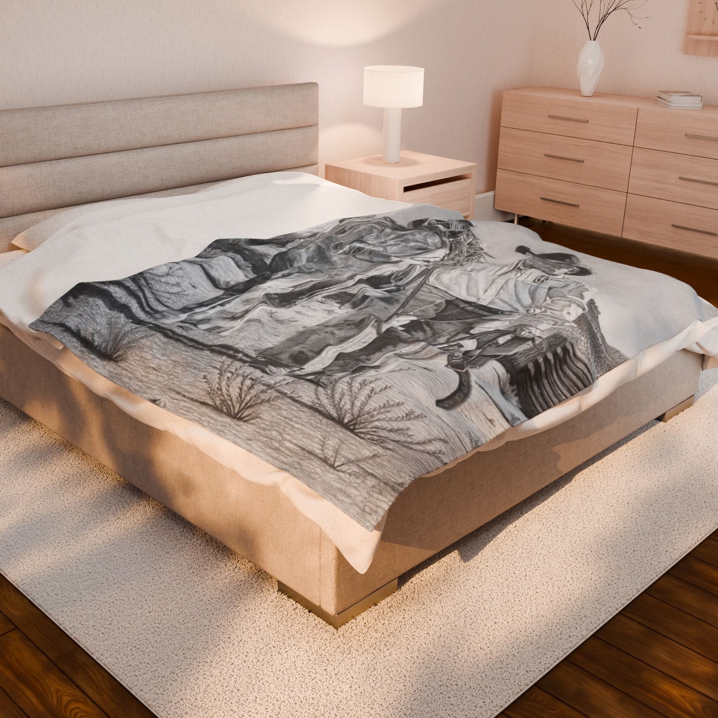 "On The Trail of The Outlaw "Cozy Cowboy Velveteen Plush Blanket | Western Decor, Gift for Horse Lovers, Camping Blanket, Soft Throw, Farmhouse Style