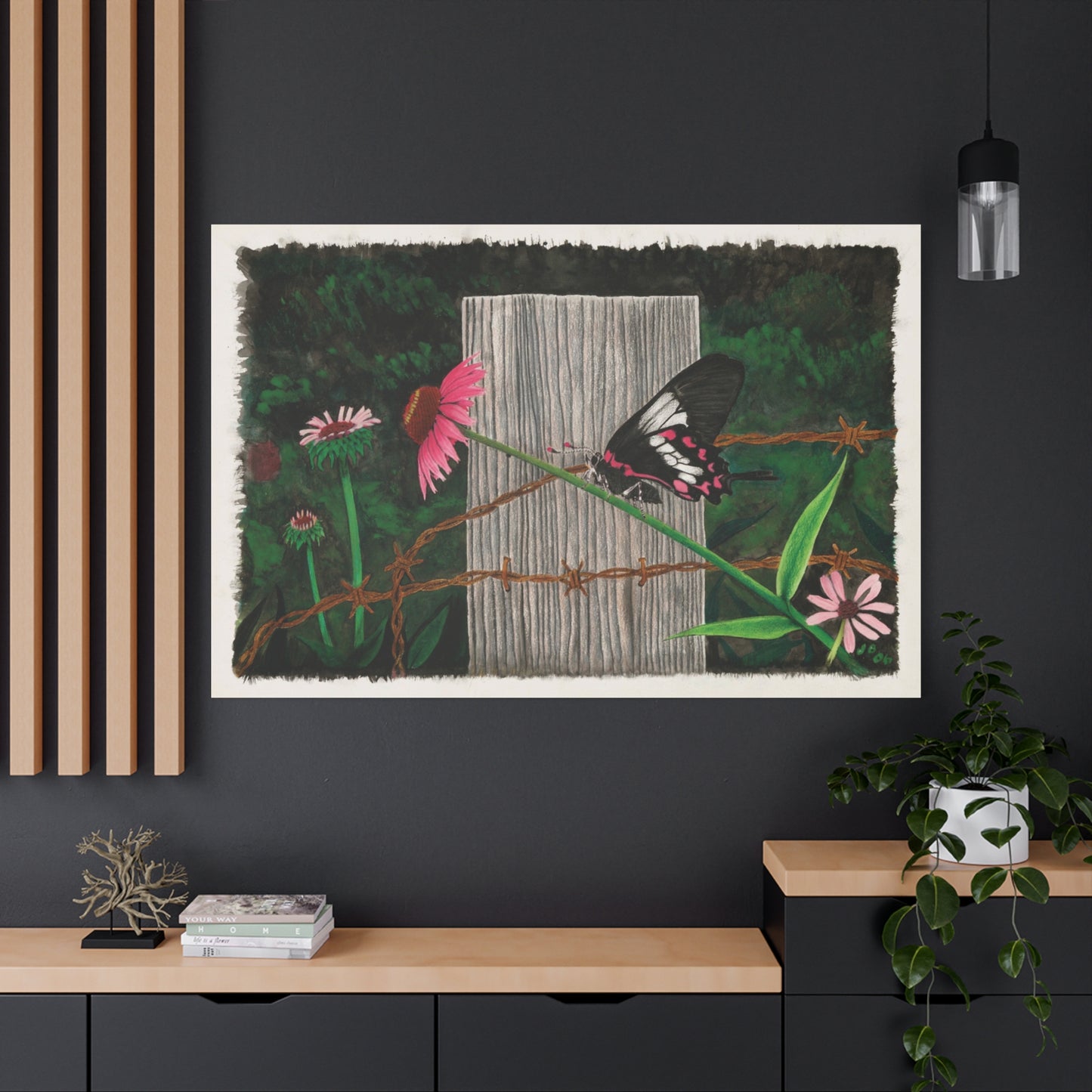 "Fence Post and Butterfly" Western art on canvas.