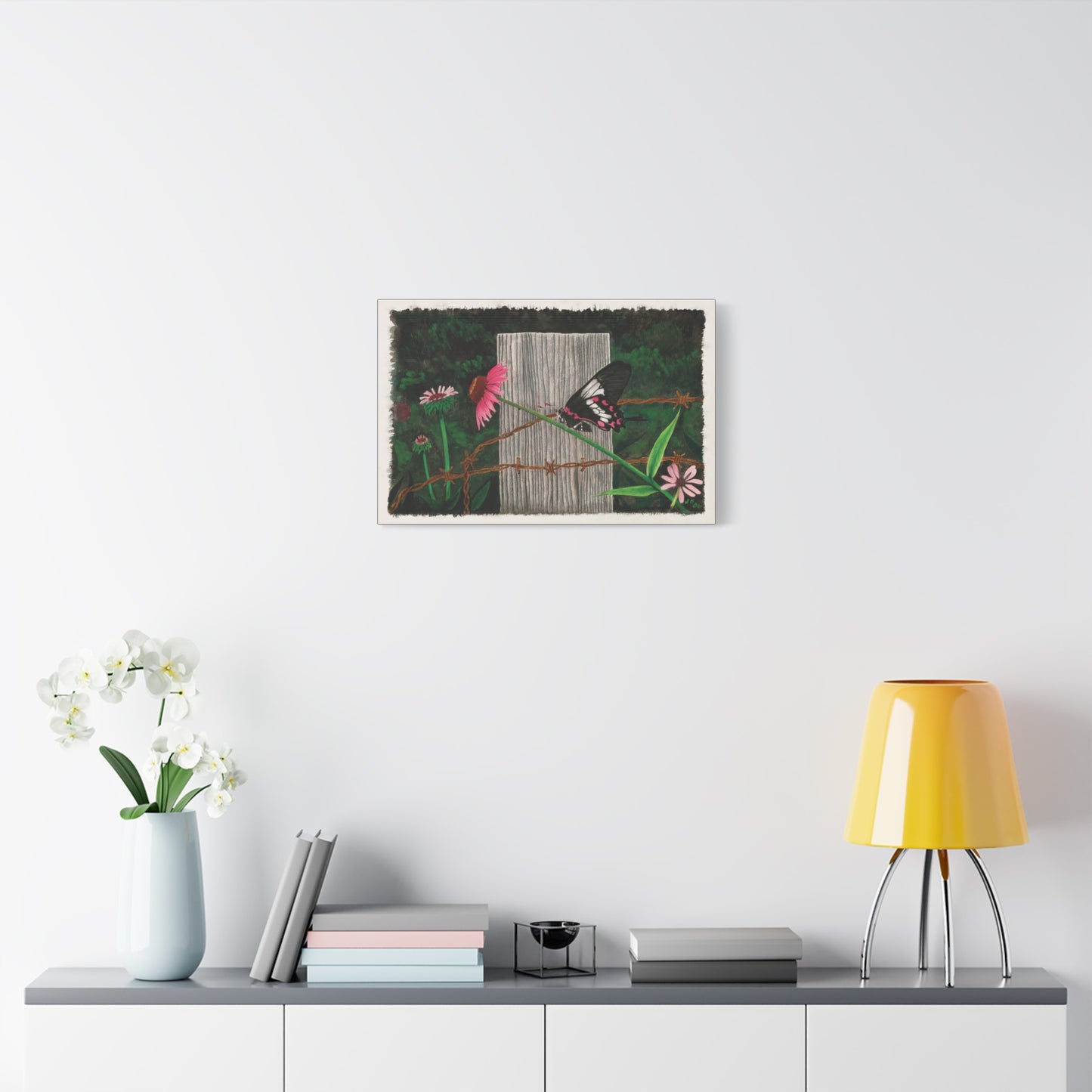 "Fence Post and Butterfly" Western art on canvas.