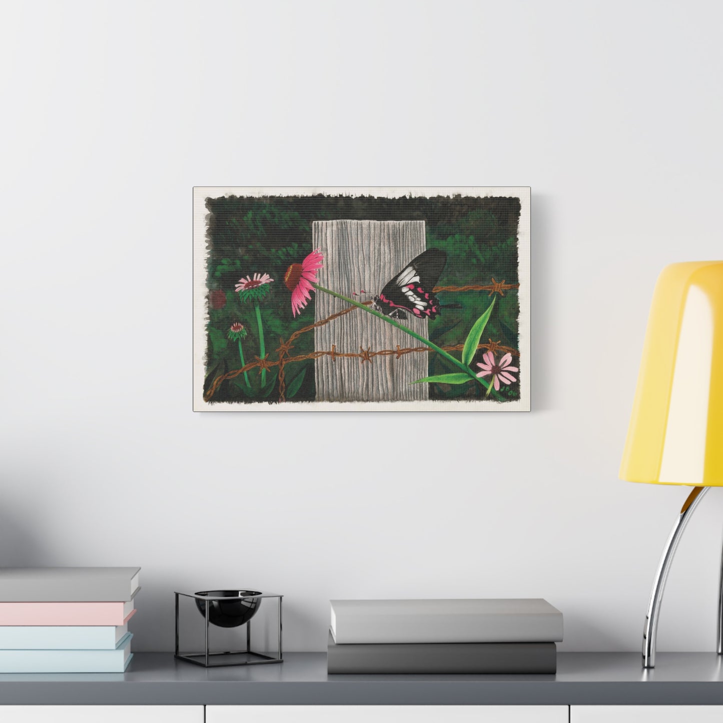 "Fence Post and Butterfly" Western art on canvas.