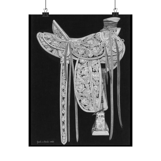 "New Saddle" Elegant Horse Saddle Matte Vertical Poster, Equestrian Wall Art, Horse Decor, Gift for Horse Lovers, Home Gallery Print