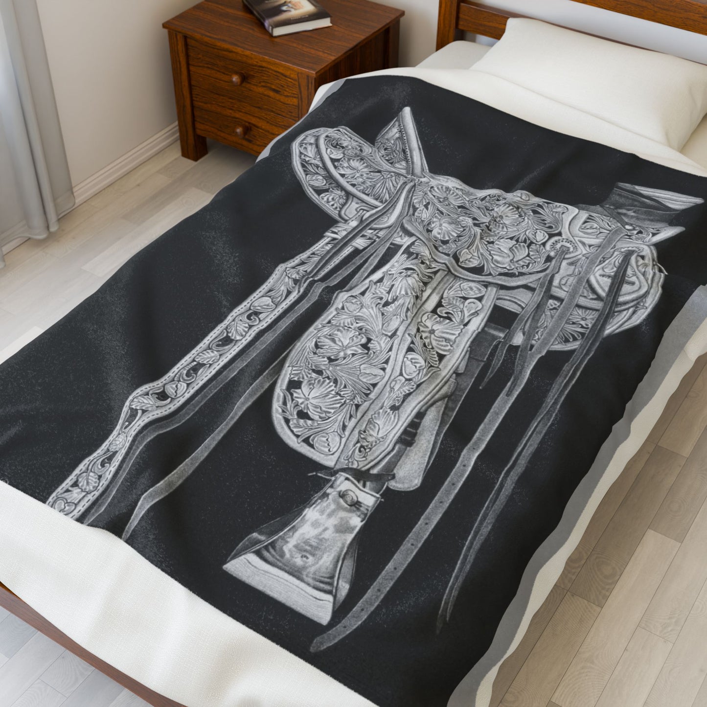 "New Saddle" Cozy Cowboy Velveteen Plush Blanket | Western Decor, Gift for Horse Lovers, Camping Blanket, Soft Throw, Farmhouse Style