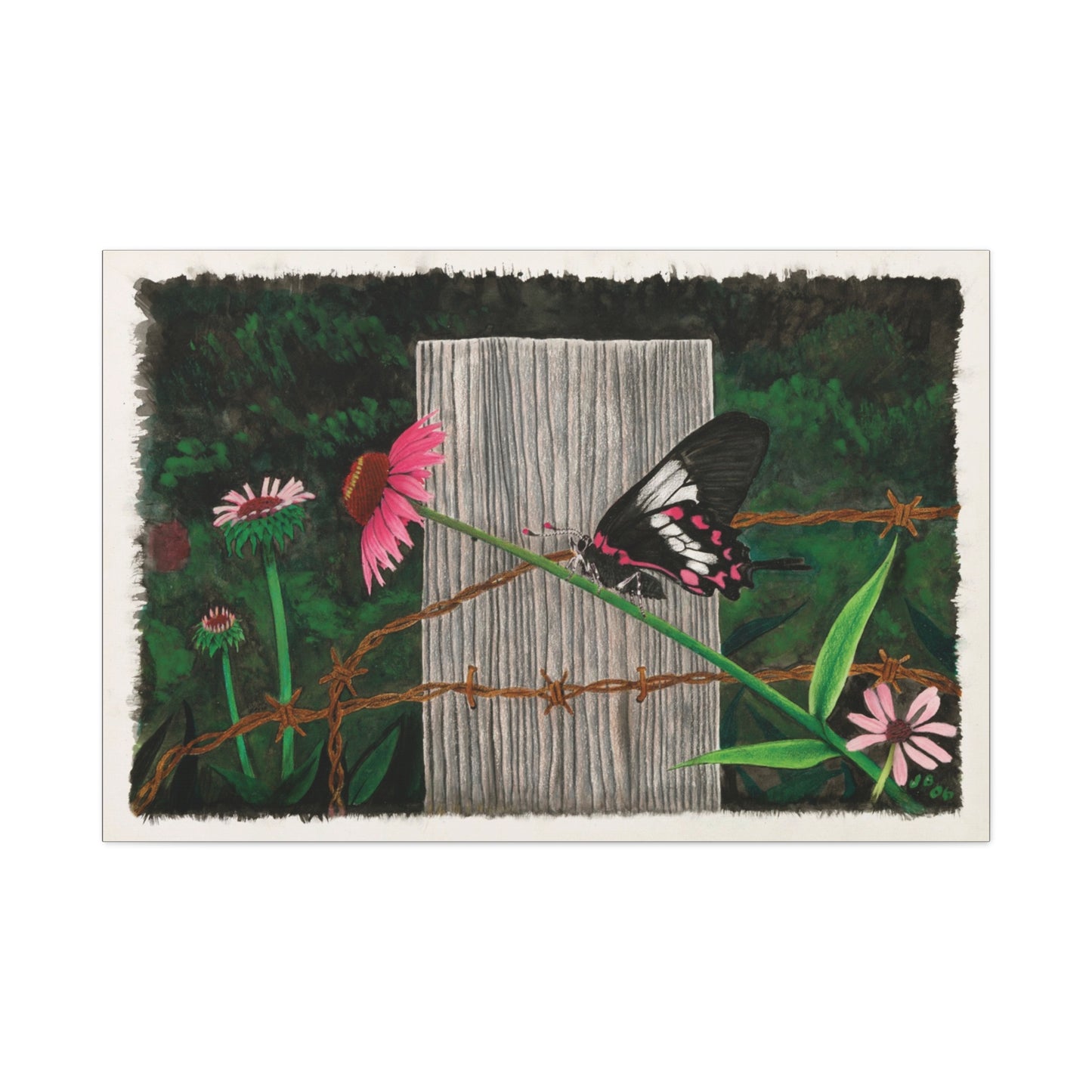 "Fence Post and Butterfly" Western art on canvas.