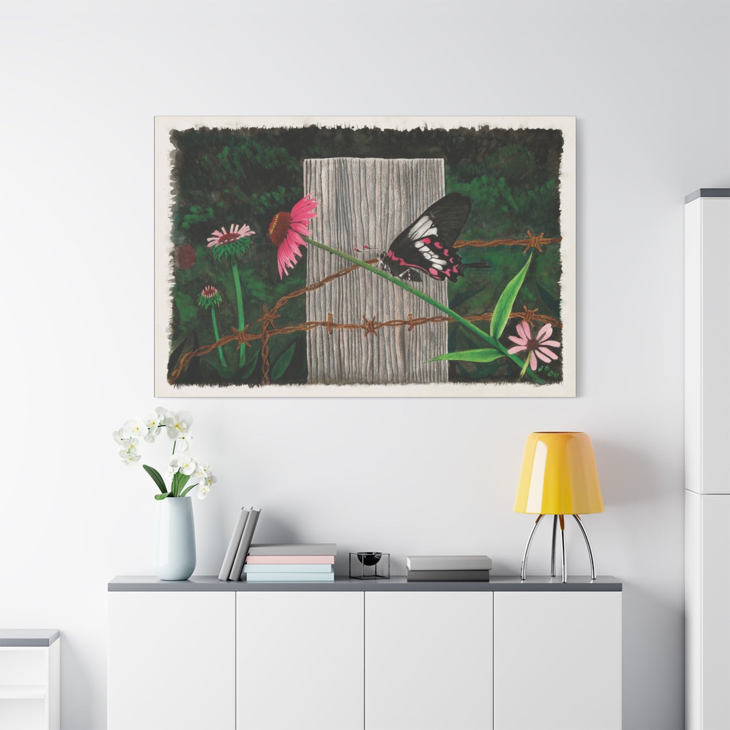 "Fence Post and Butterfly" Western art on canvas.