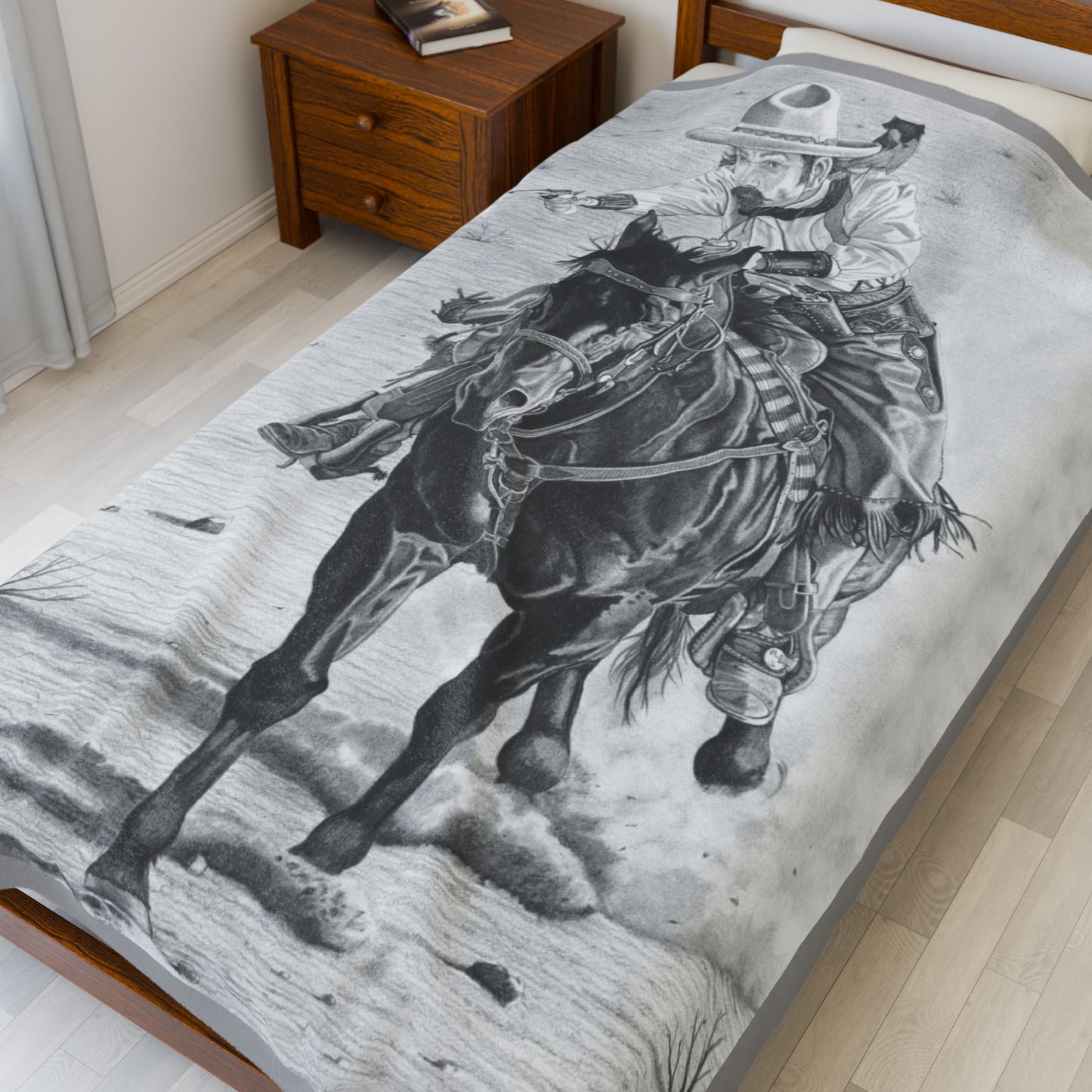 "Wild Bill Rides Again" Cozy Cowboy Velveteen Plush Blanket | Western Decor, Gift for Horse Lovers, Camping Blanket, Soft Throw, Farmhouse Style