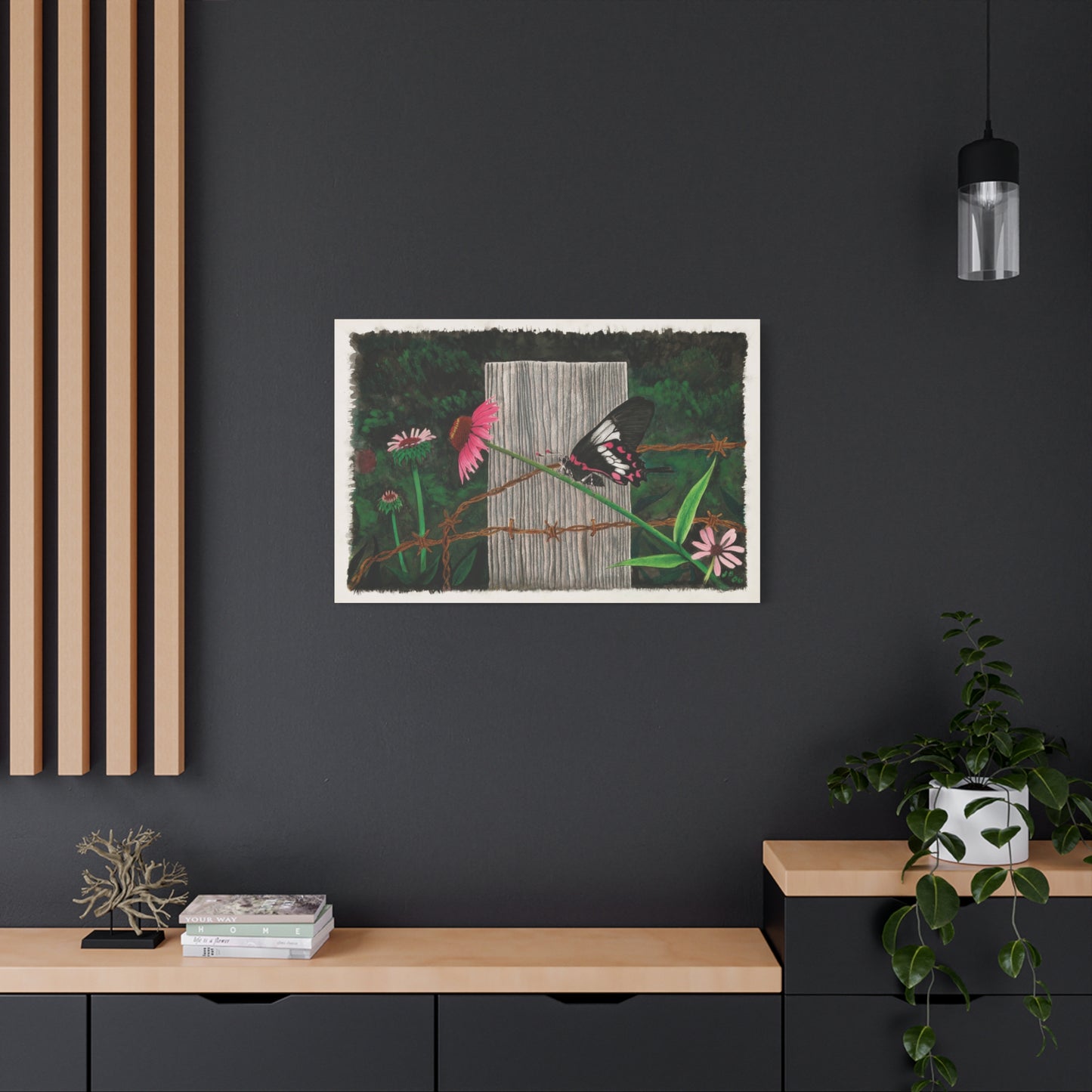 "Fence Post and Butterfly" Western art on canvas.
