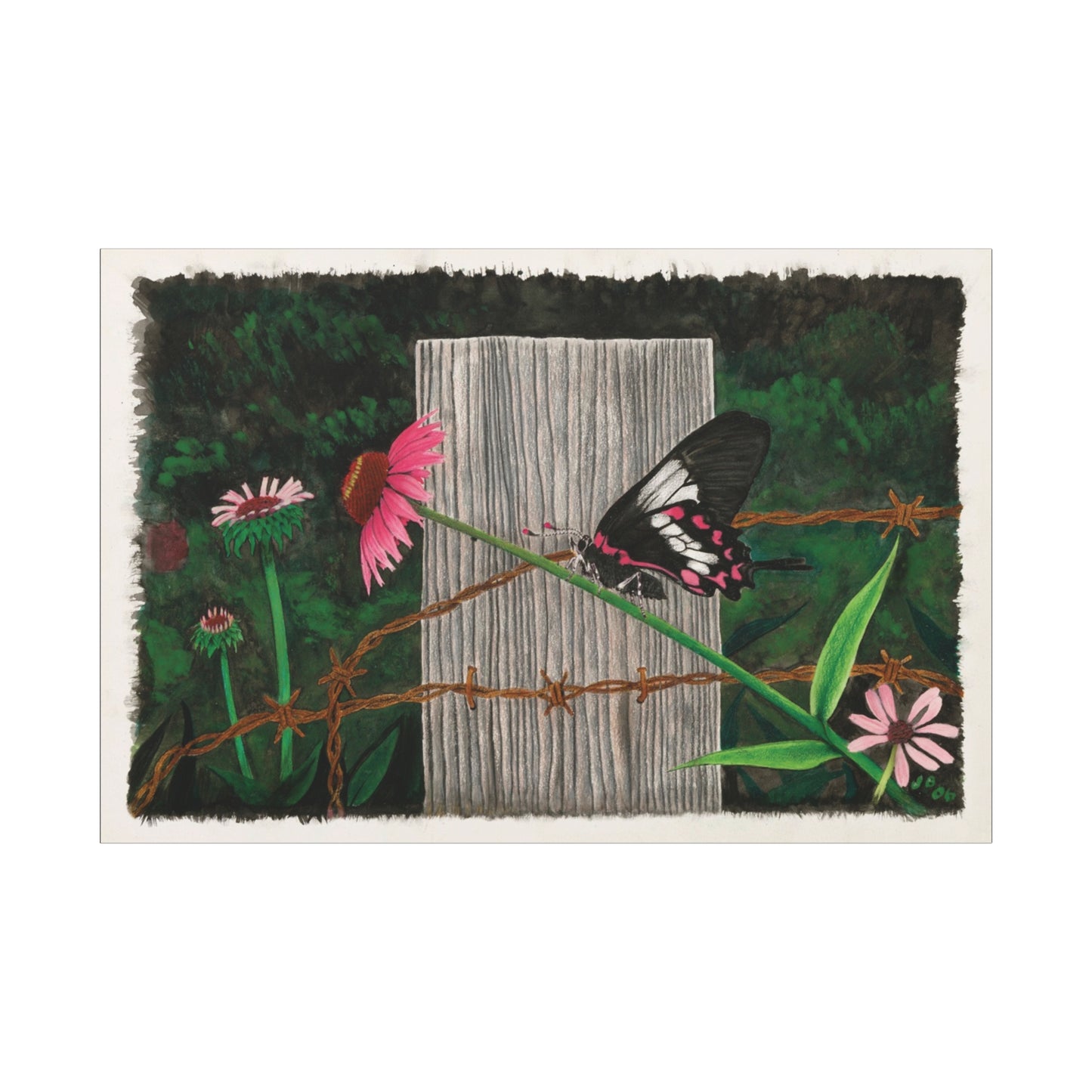 "Fence Post and Butterfly" Western art on canvas.