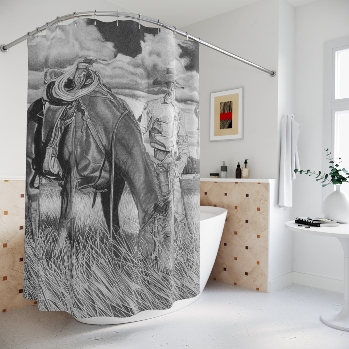 Young Cowboy dream Shower Curtain — Western Ranch Black-and-White Bathroom Decor