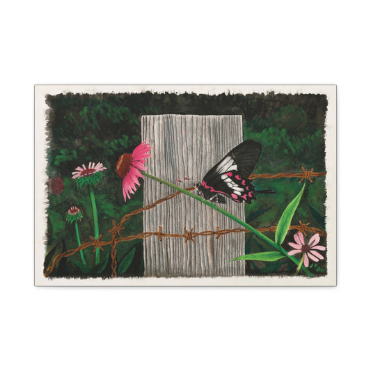"Fence Post and Butterfly" Western art on canvas.