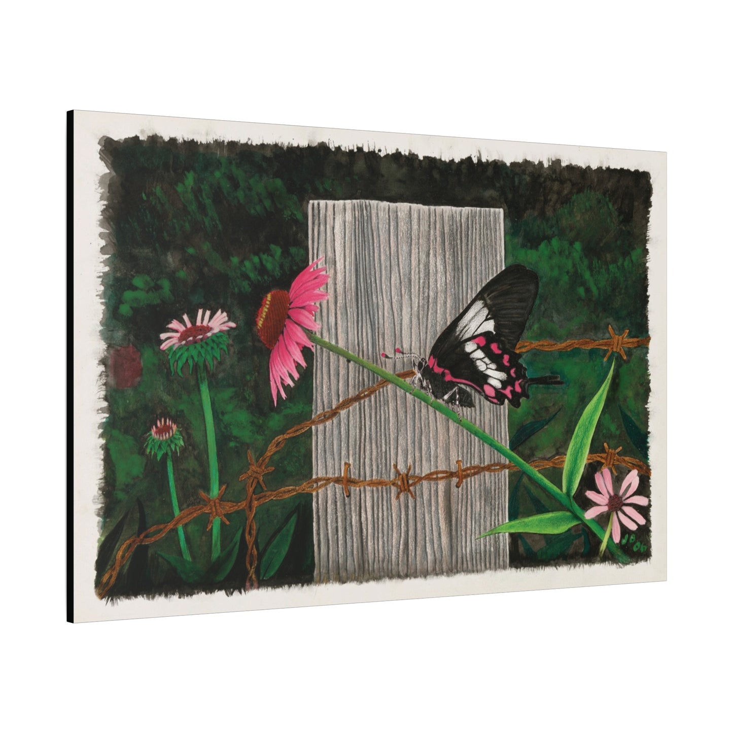 "Fence Post and Butterfly" Western art on canvas.