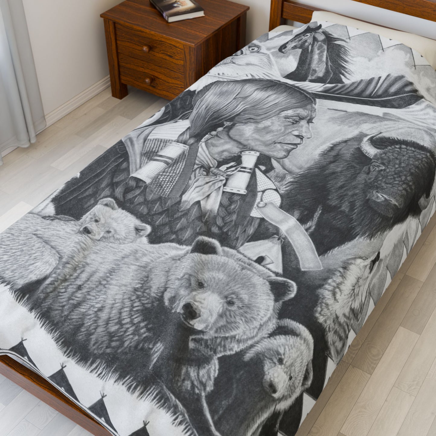 "Two Moon Apache Dream" Cozy Cowboy Velveteen Plush Blanket | Western Decor, Gift for Horse Lovers, Camping Blanket, Soft Throw, Farmhouse Style