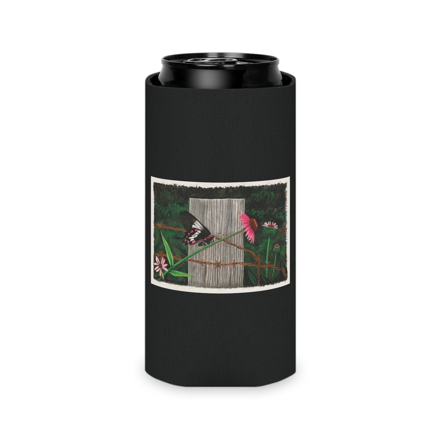 "Fence Post and Butterfly" ,Rustic Cowboy Can Cooler, Western Beverage Sleeve, Outdoor Party Gear, Country-Themed Drink Holder, Ideal for BBQs & Tailgates