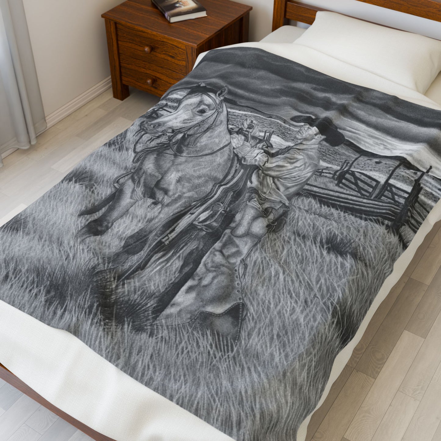 "The Coming Storm" Cozy Cowboy Velveteen Plush Blanket | Western Decor, Gift for Horse Lovers, Camping Blanket, Soft Throw, Farmhouse Style