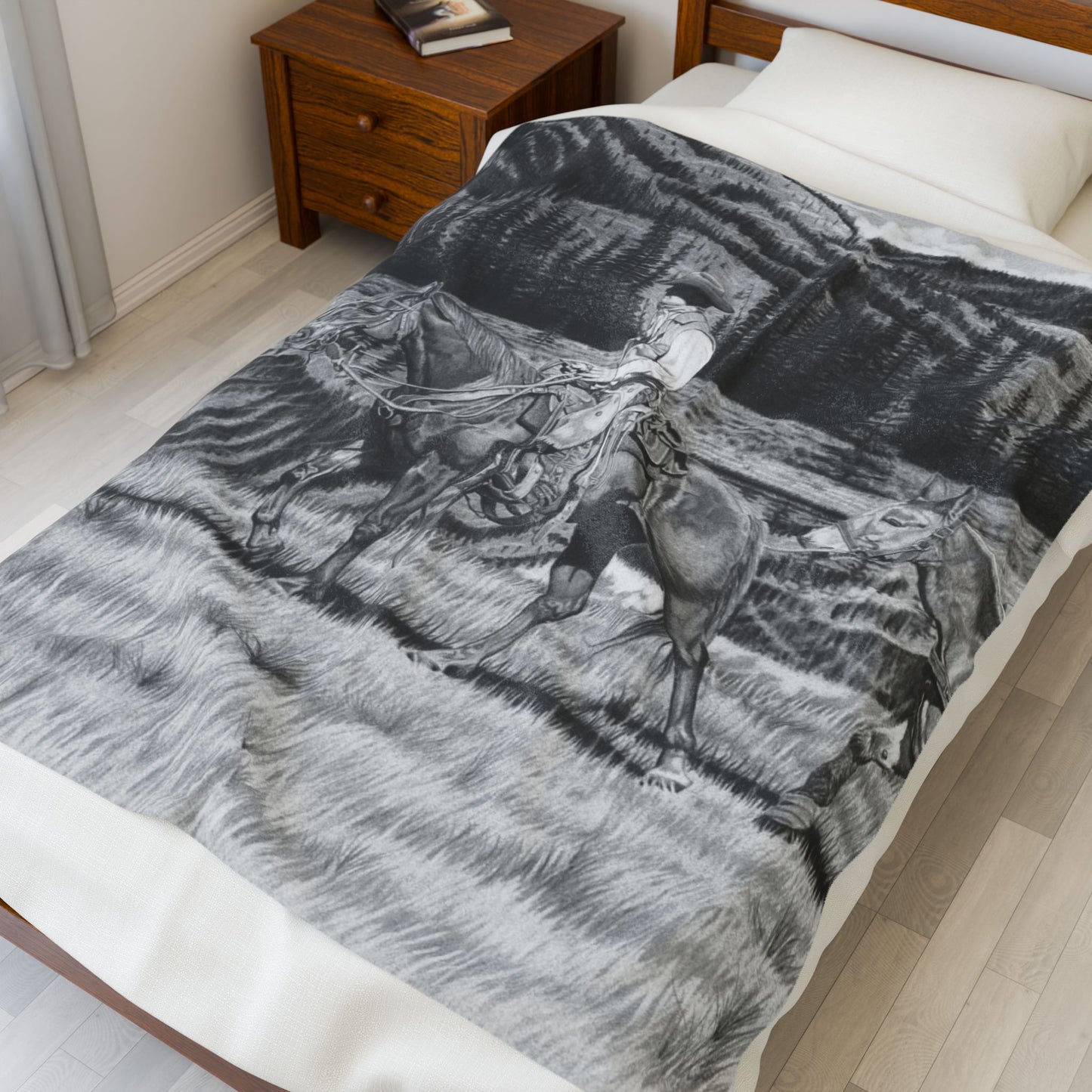 "Still Day on The Trail" Cozy Cowboy Velveteen Plush Blanket | Western Decor, Gift for Horse Lovers, Camping Blanket, Soft Throw, Farmhouse Style