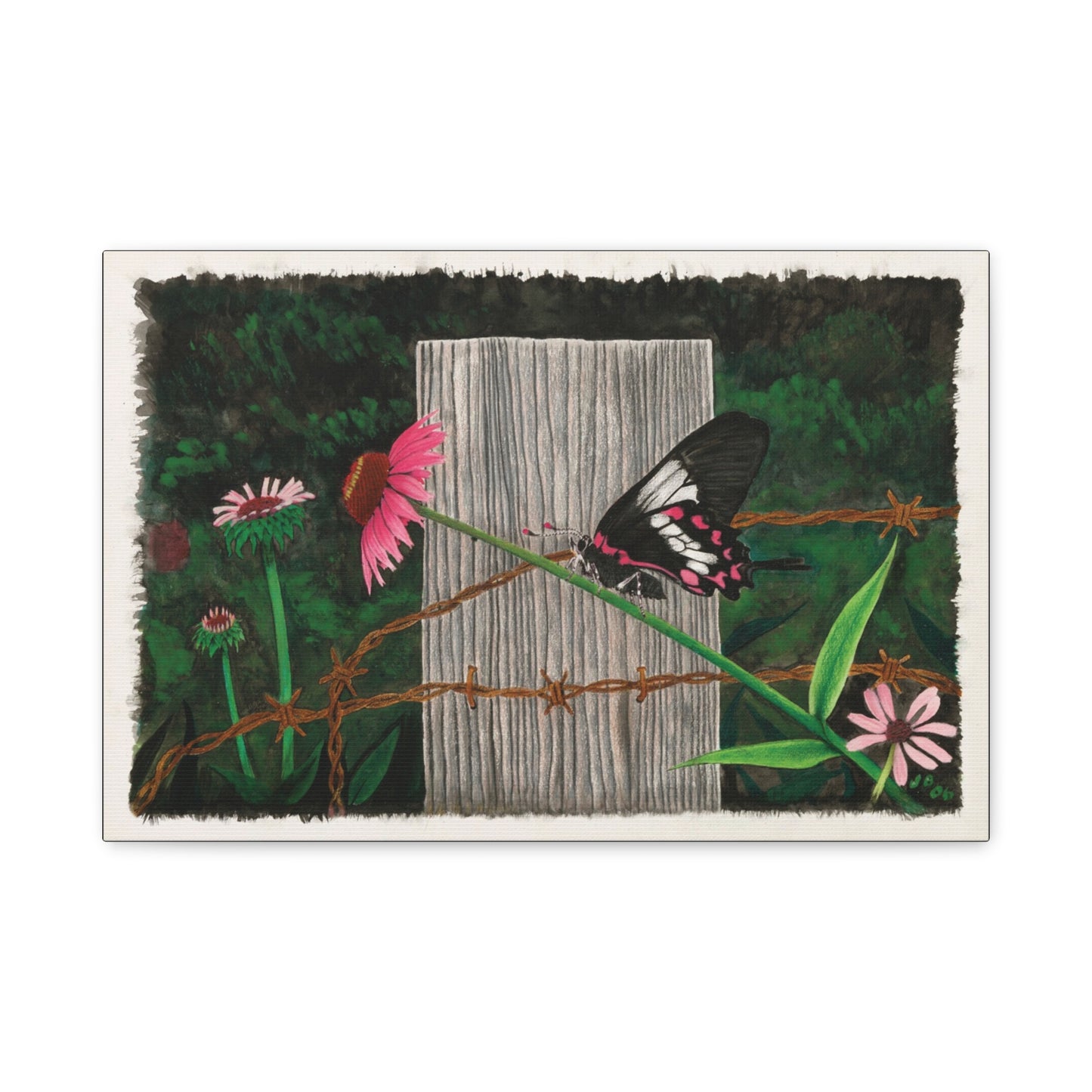 "Fence Post and Butterfly" Western art on canvas.
