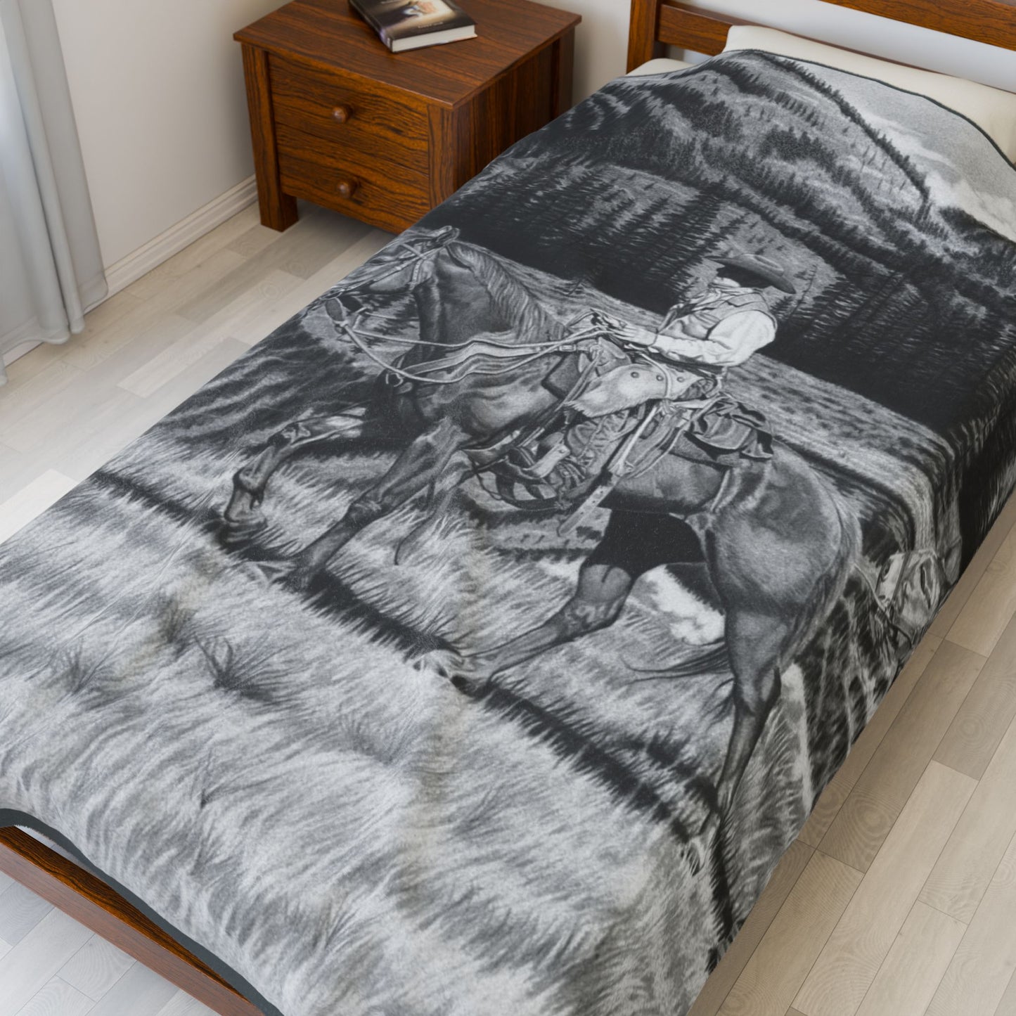 "Still Day on The Trail" Cozy Cowboy Velveteen Plush Blanket | Western Decor, Gift for Horse Lovers, Camping Blanket, Soft Throw, Farmhouse Style