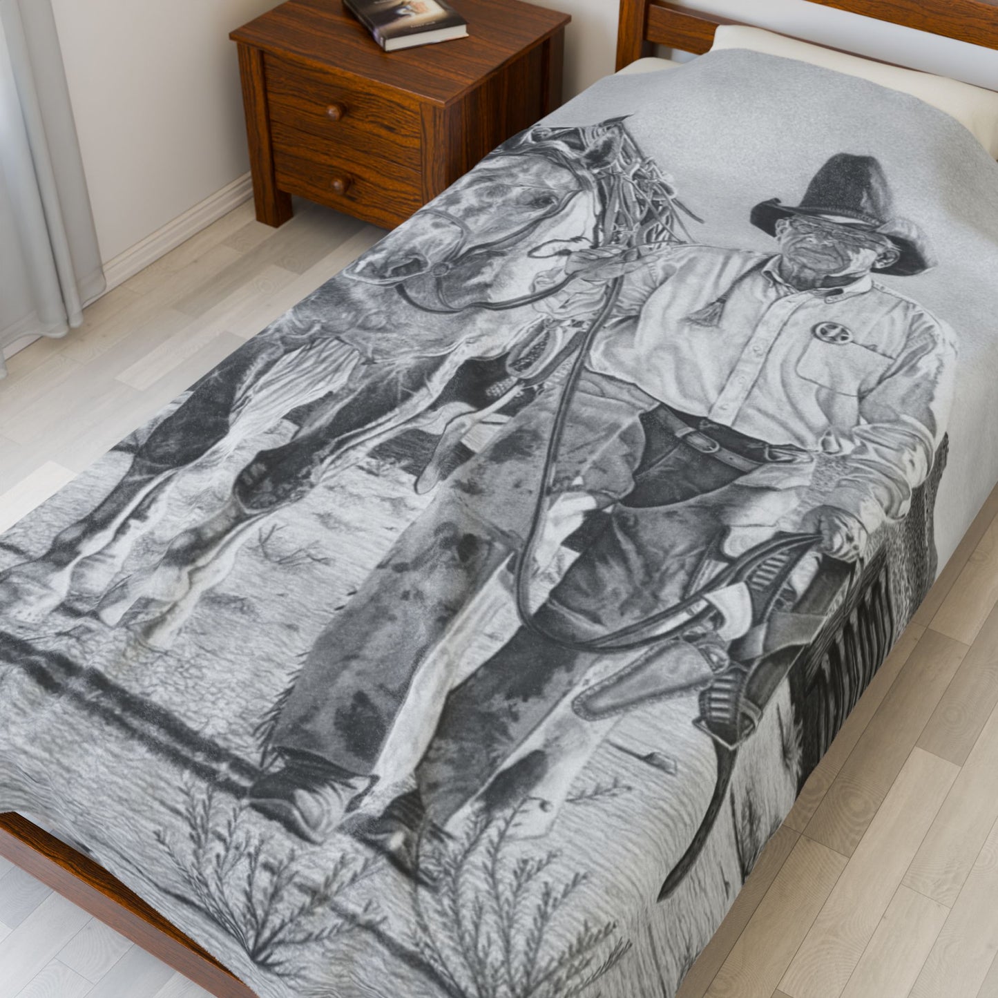 "On The Trail of The Outlaw "Cozy Cowboy Velveteen Plush Blanket | Western Decor, Gift for Horse Lovers, Camping Blanket, Soft Throw, Farmhouse Style