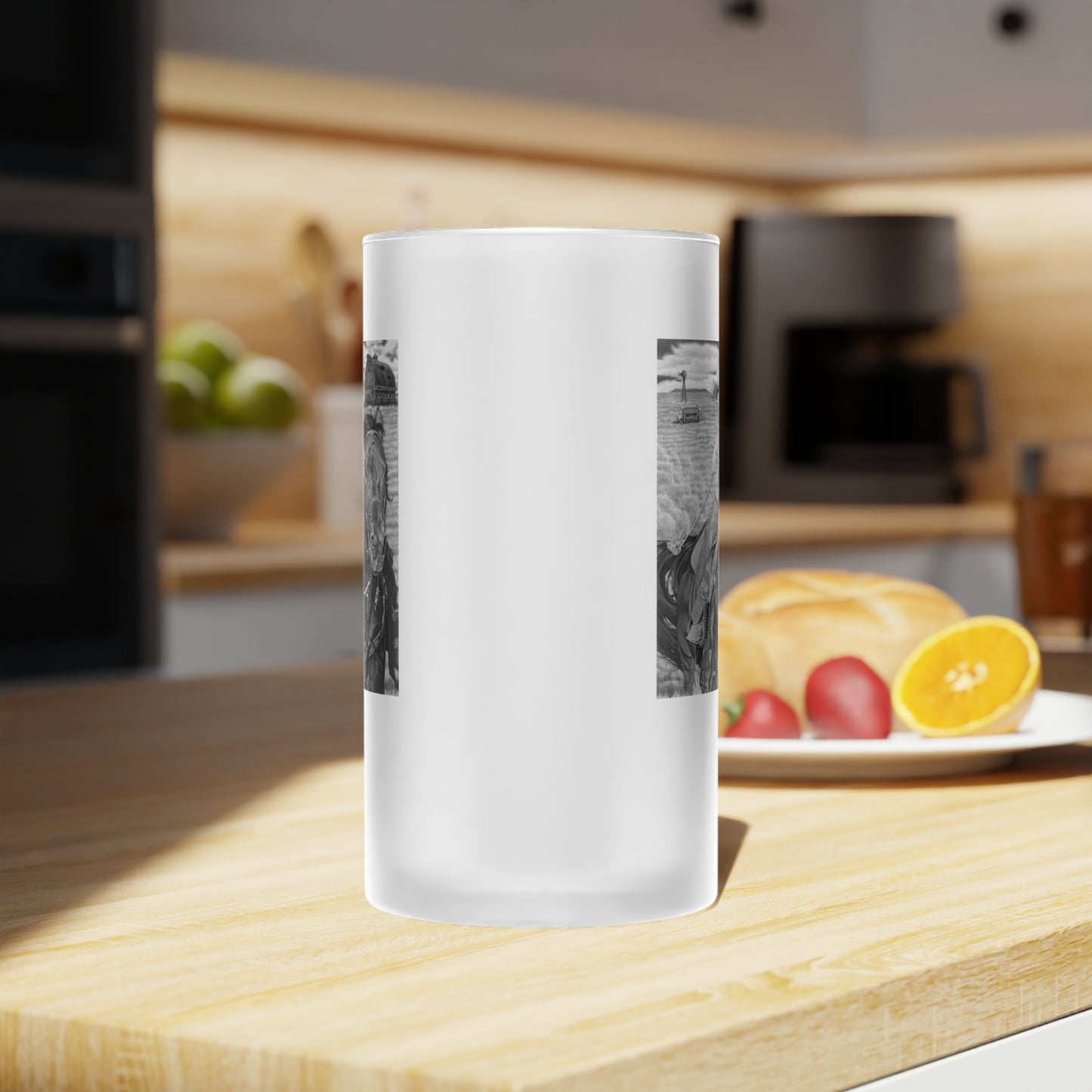 Frosted Glass Beer Mug with Vintage Art, Unique Gift for Beer Lovers, Perfect for Home or Bar, Great for Celebrations, Customizable