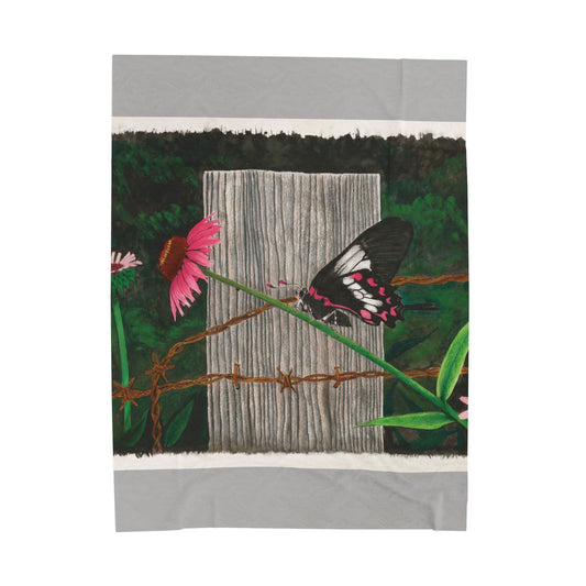 "Fence Post and Buterfly" Cozy Cowboy Velveteen Plush Blanket | Western Decor, Gift for Horse Lovers, Camping Blanket, Soft Throw, Farmhouse Style