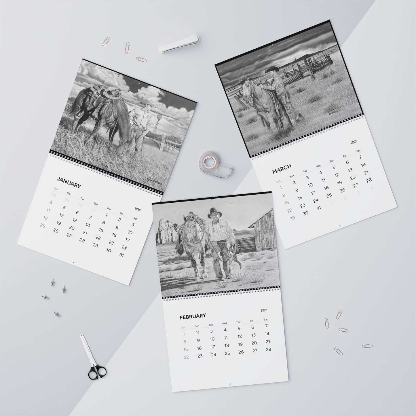Western Cowboy Sketches Wall Calendar 2026, Horse Ranch Art Calendar