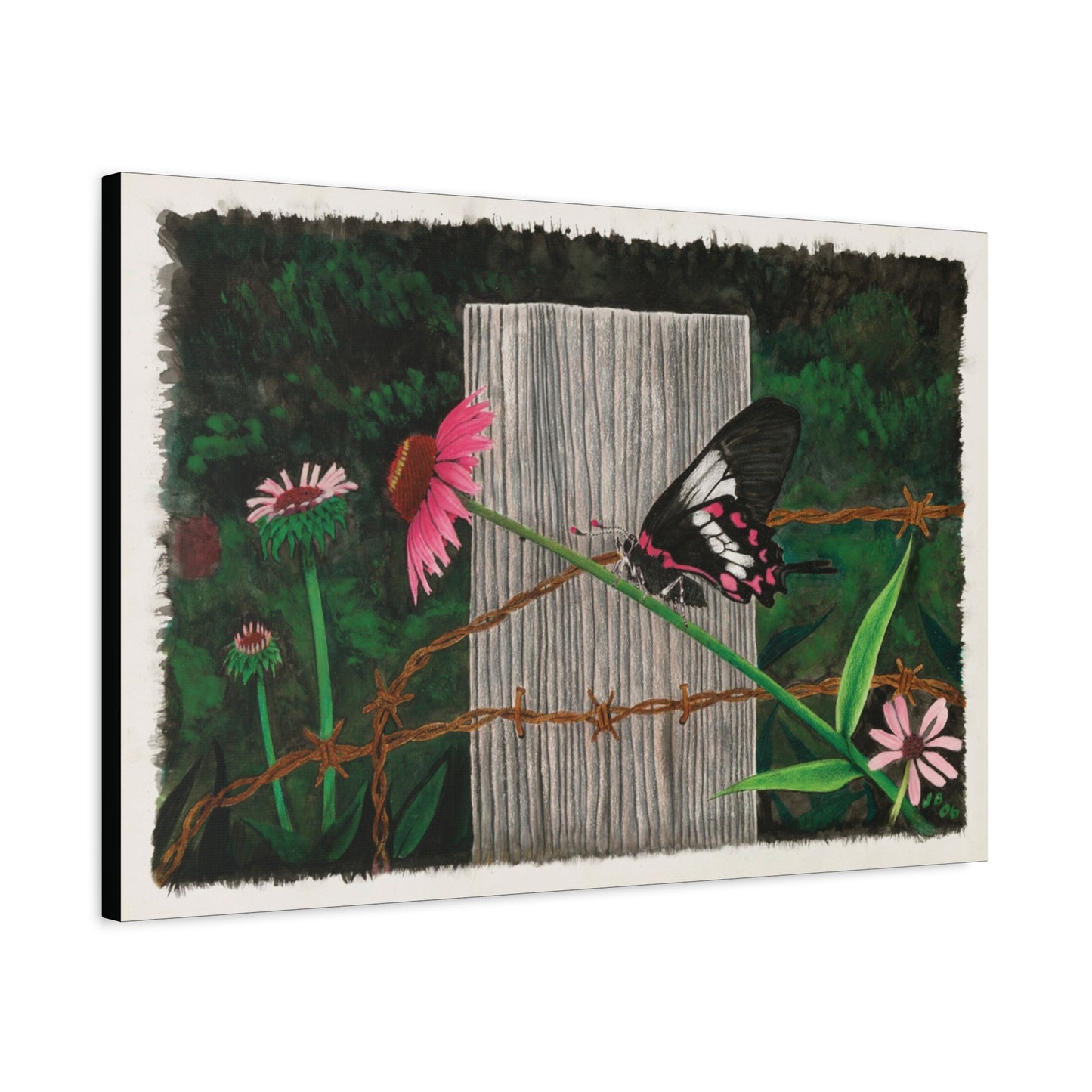 "Fence Post and Butterfly" Western art on canvas.