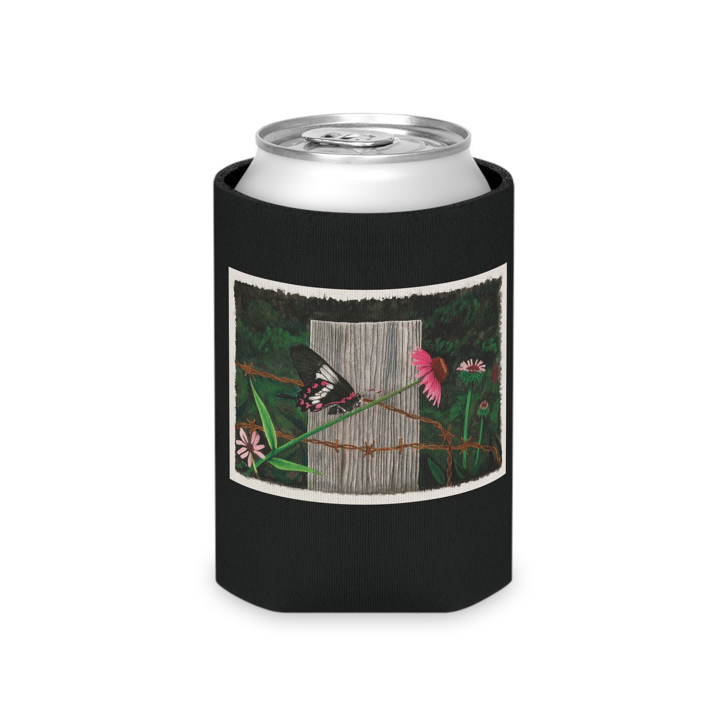 "Fence Post and Butterfly" ,Rustic Cowboy Can Cooler, Western Beverage Sleeve, Outdoor Party Gear, Country-Themed Drink Holder, Ideal for BBQs & Tailgates